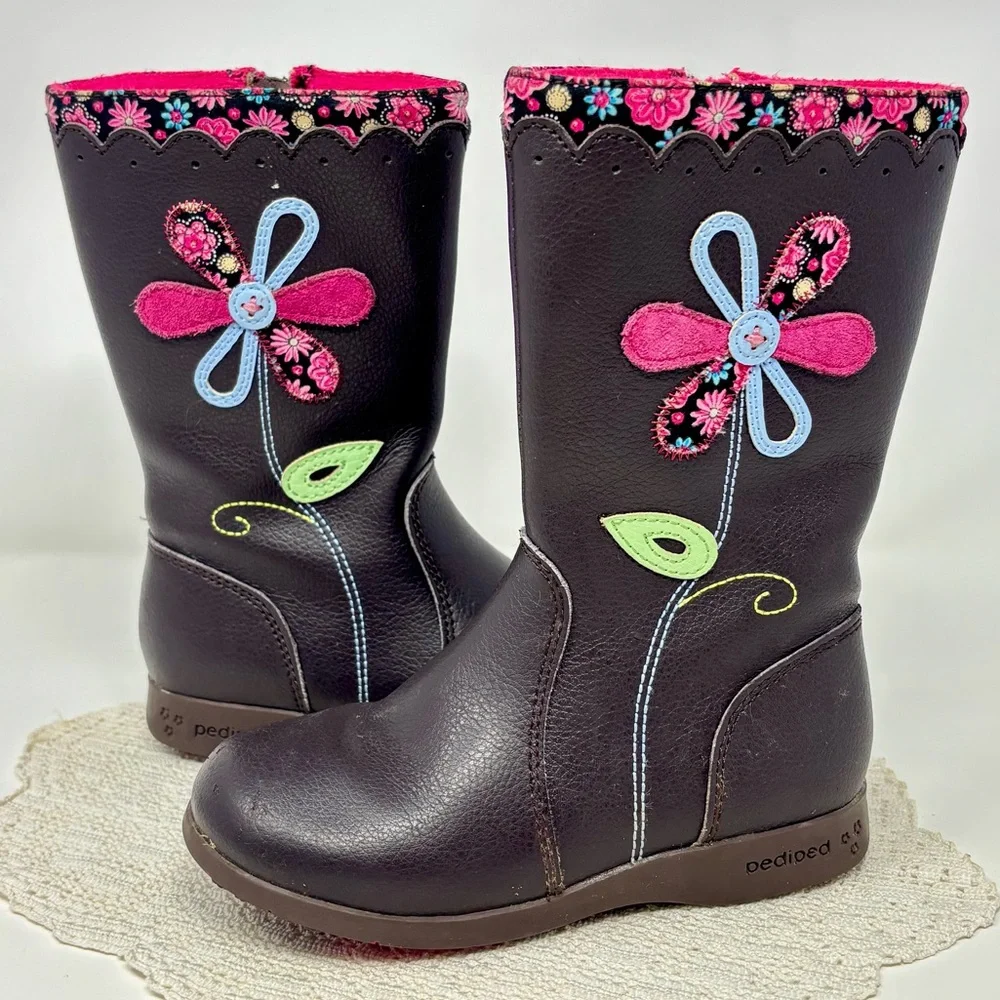 Pediped Kenadi Boot Brown Leather Floral Appliqué Rubber Soles Toddler Girl 10